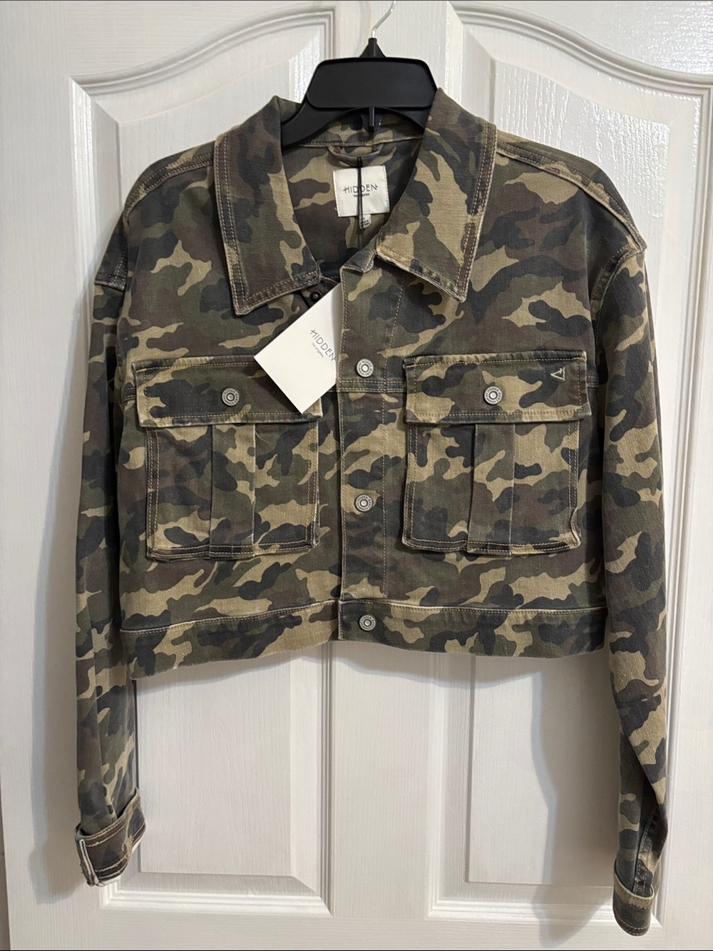 Cropped Camo Jean Jacket - Woven Denim in Olive Camo